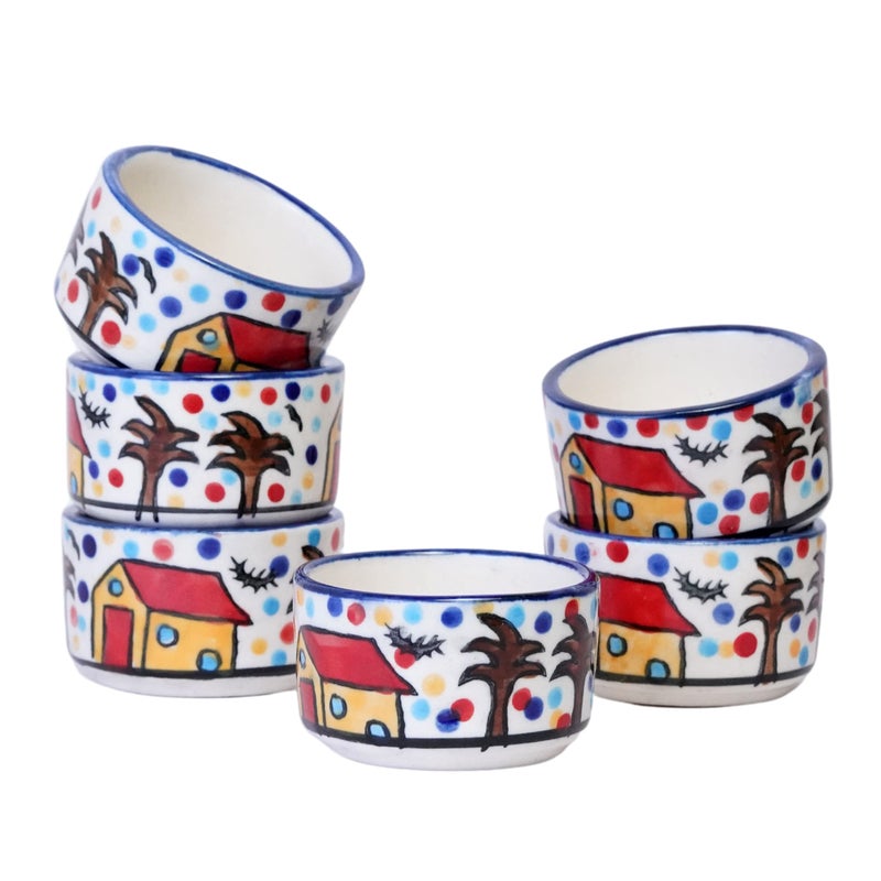 Freakway Handpainted 6 Dips of Hut Ceramic Dip Bowl/Chutney Bowl/Pickle Bowl/Sauce Serving Bowl Set (50 ML, Small, 6-Pieces, Multicolour, Cartoon Shape Round) - Image 2