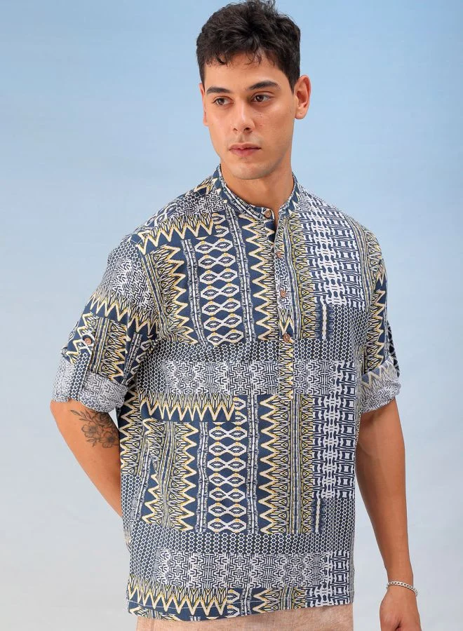 The Indian Garage Co Men Slim Fit Indie Printed Full Sleeves Cutaway Collar Resort Wear Shirt