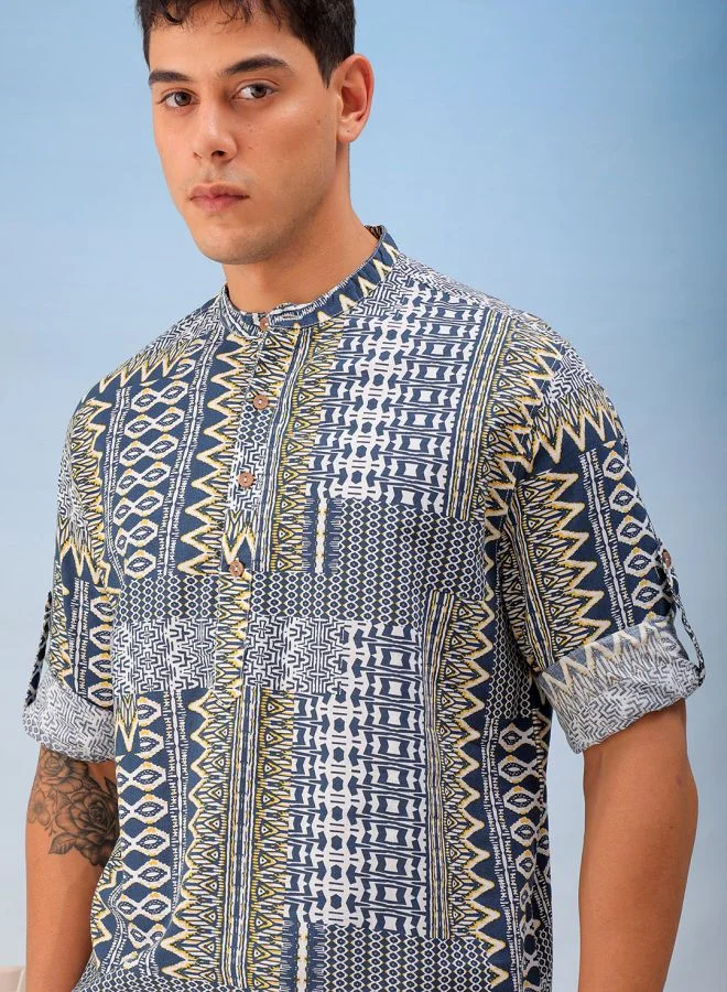 The Indian Garage Co Men Slim Fit Indie Printed Full Sleeves Cutaway Collar Resort Wear Shirt