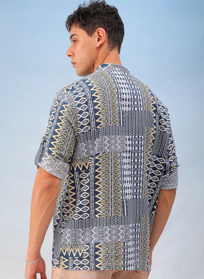 The Indian Garage Co Men Slim Fit Indie Printed Full Sleeves Cutaway Collar Resort Wear Shirt