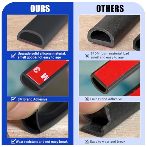 Protalwell Weather Stripping Door Seal Self Adhesive Weather Strip Silicone D Shaped Door Seal Strip for Door Frame/Window Seal, 20Ft, Black (3/8" W × 1/4" T) - Image 5