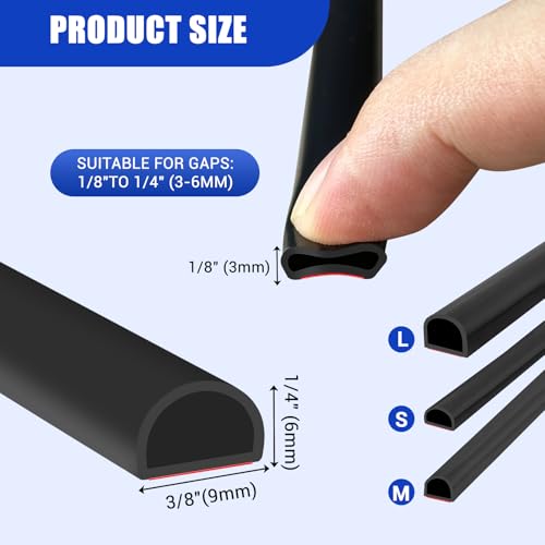 Protalwell Weather Stripping Door Seal Self Adhesive Weather Strip Silicone D Shaped Door Seal Strip for Door Frame/Window Seal, 20Ft, Black (3/8" W × 1/4" T) - Image 2
