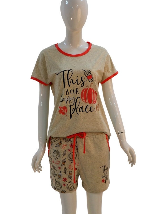 JOANNA JOANNA Women's This Is Our Happy Place Quotes Shirt and Short Pajama Set, Grey - Image 1