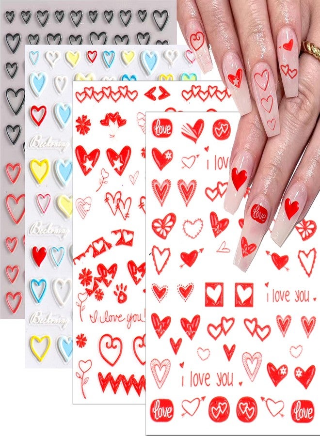 winthrop 4 Sheets Valentine's Day Nail Art Sticker Decals, 5D Heart Embossed Self-Adhesive Nail Art Decoration Supplies Accessories for Women Girl - Image 1