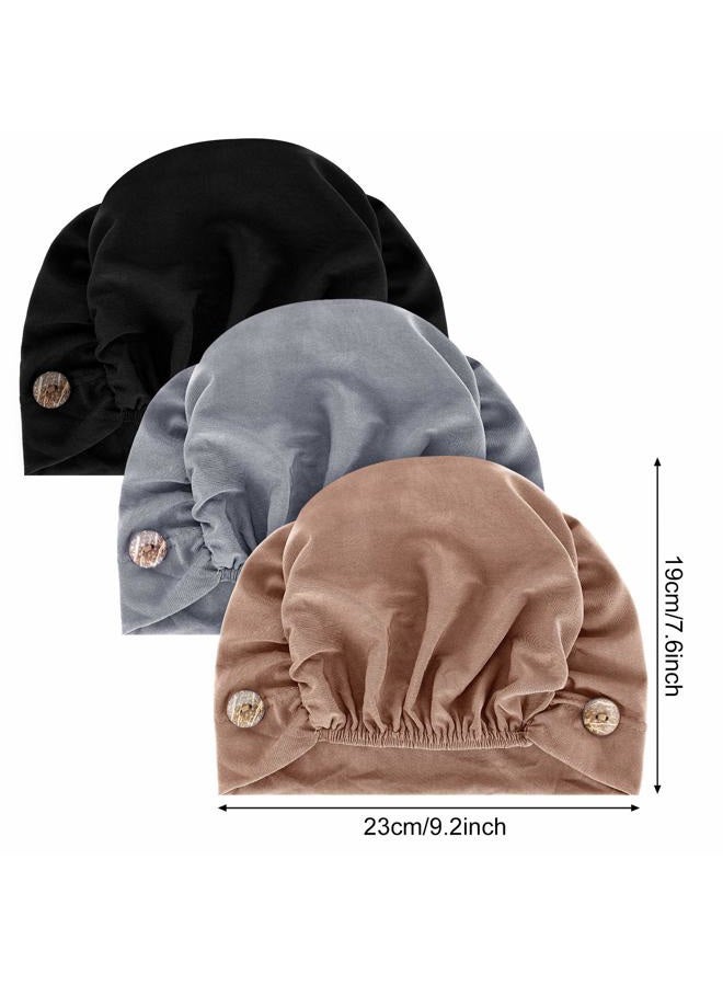 Geyoga 3 Pieces Bouffant Caps with Buttons Unisex Stretchy Headband Turban with Buttons for Women (Black, Gray, Khaki) - Image 2