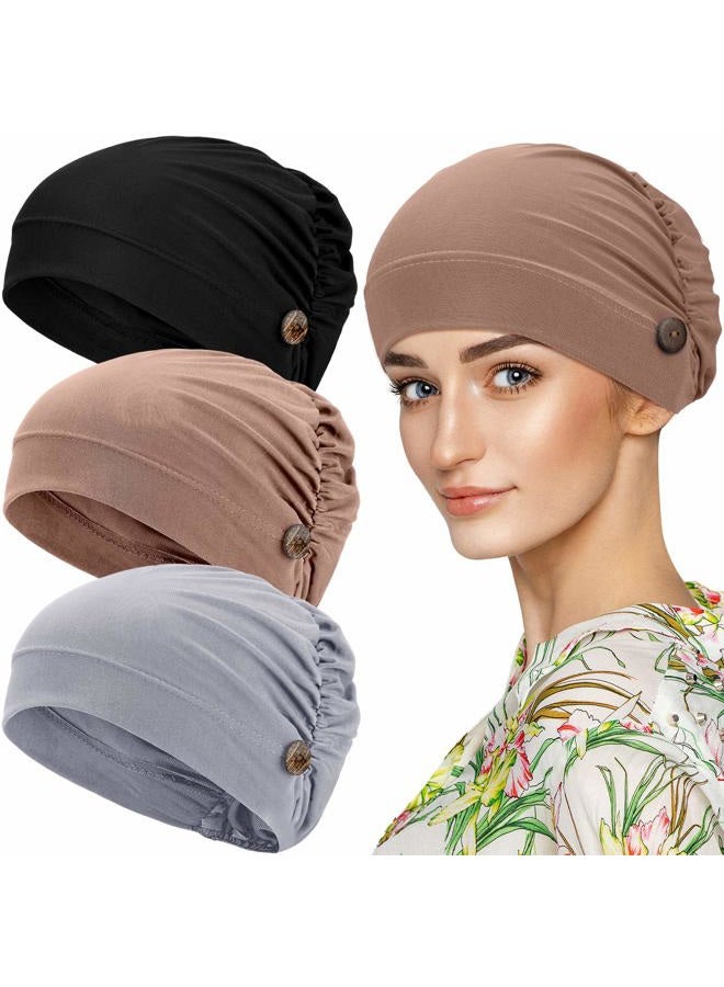 Geyoga 3 Pieces Bouffant Caps with Buttons Unisex Stretchy Headband Turban with Buttons for Women (Black, Gray, Khaki) - Image 1