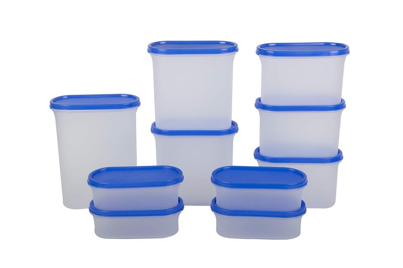 Cutting EDGE Modular Containers Oval Kitchen Organizer Set for Rice DalAtta Flour Cereals Pulses Snacks Stackable Set of 10 Blue Lids - Image 1