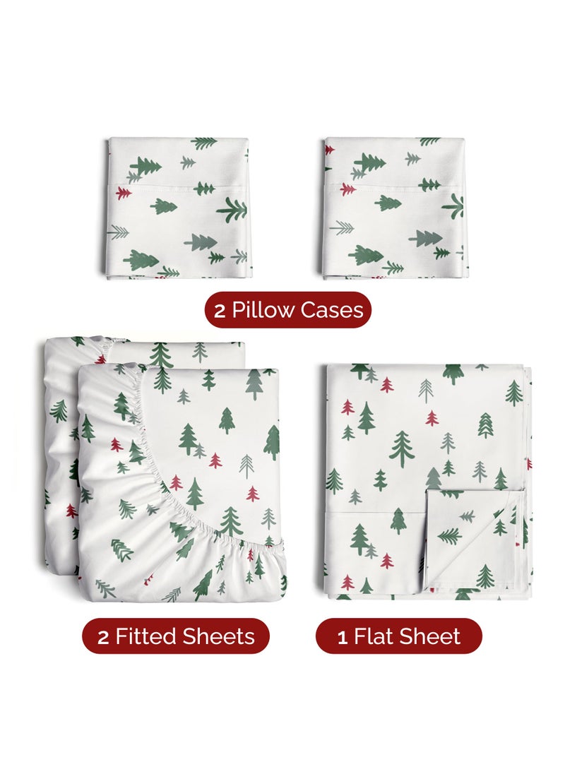 Split King Christmas Tree Sheet Set - Holiday Xmas Pattern Linen Set - Deep Pockets - Snug Fit - 4 Piece - Wrinkle Free - Comfy & Cooling Festive Winter Bedding - Easy To Care For - Kid Friendly