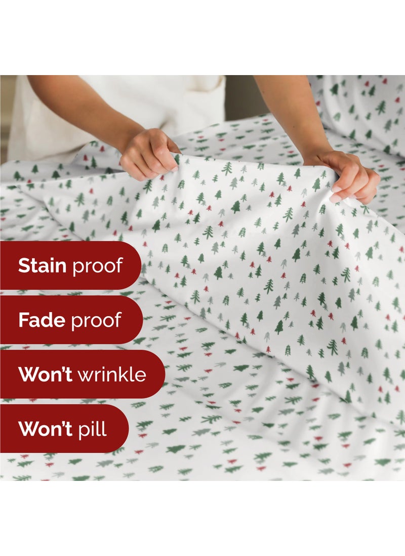 Split King Christmas Tree Sheet Set - Holiday Xmas Pattern Linen Set - Deep Pockets - Snug Fit - 4 Piece - Wrinkle Free - Comfy & Cooling Festive Winter Bedding - Easy To Care For - Kid Friendly
