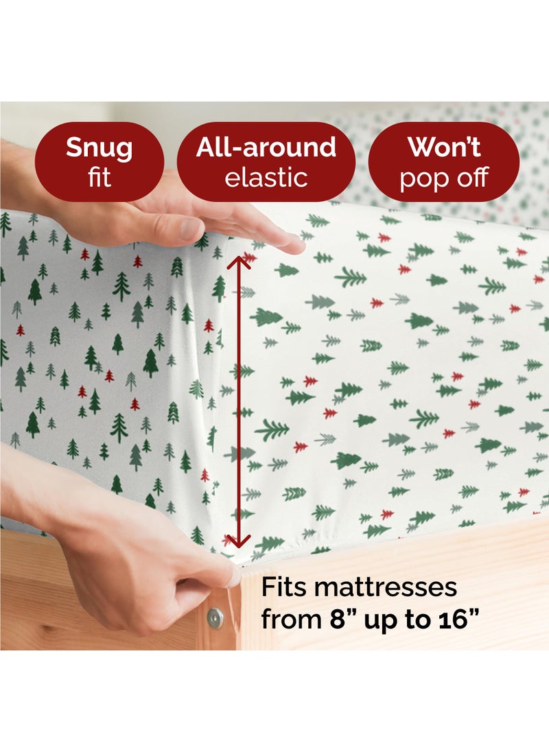 Split King Christmas Tree Sheet Set - Holiday Xmas Pattern Linen Set - Deep Pockets - Snug Fit - 4 Piece - Wrinkle Free - Comfy & Cooling Festive Winter Bedding - Easy To Care For - Kid Friendly
