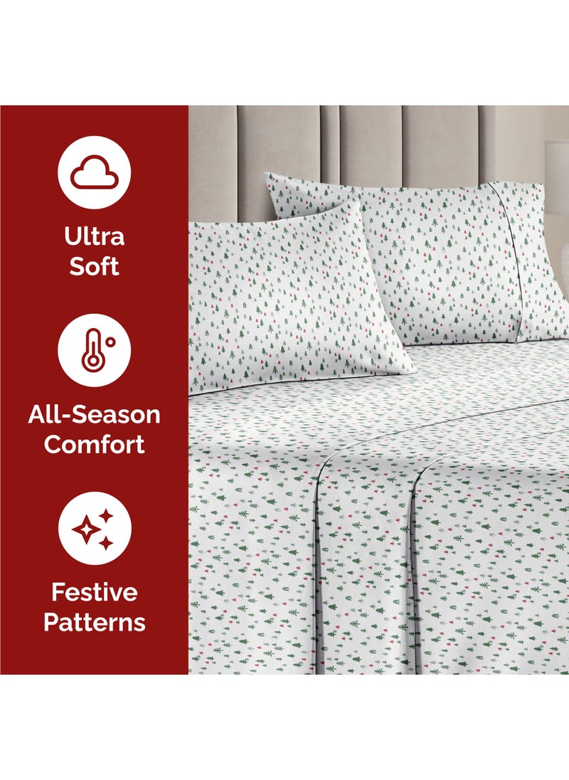 Split King Christmas Tree Sheet Set - Holiday Xmas Pattern Linen Set - Deep Pockets - Snug Fit - 4 Piece - Wrinkle Free - Comfy & Cooling Festive Winter Bedding - Easy To Care For - Kid Friendly