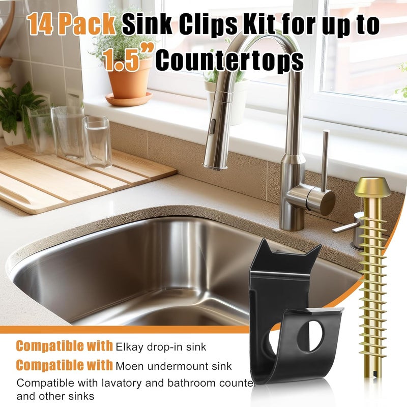 Dreyoo 14 Pack Sink Clips Kit, Undermount Sink Clips Compatible with Moen/Elkay Bathroom Counter, for Countertops up to 1-1/2" Thick, U Channel Brackets Top Mount Kit Support(Gold) - Image 2