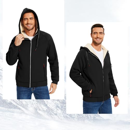 Flygo Sherpa Hoodies for Men Zip Up Winter Fleece Lined Hooded Sweatshirt Heavyweight Warm Jackets(Black-M) - Image 5
