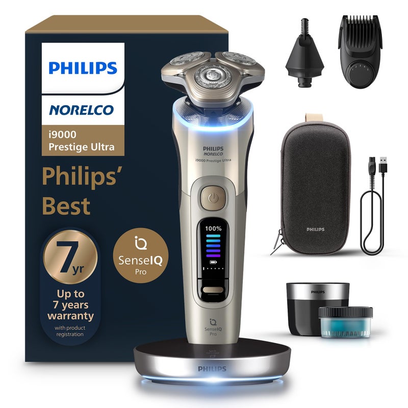 Norelco Philips Norelco Shaver i9000 Prestige Ultra Wet Dry Electric Shaver White Gold SenseIQ Pro Technology Triple Lift Cut System 360 Rotating NanoTech Precision Blades Beard Styler XP940388