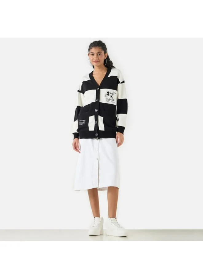 SP Characters Mickey Mouse Print Longline Cardigan with Long Sleeves and Pockets
