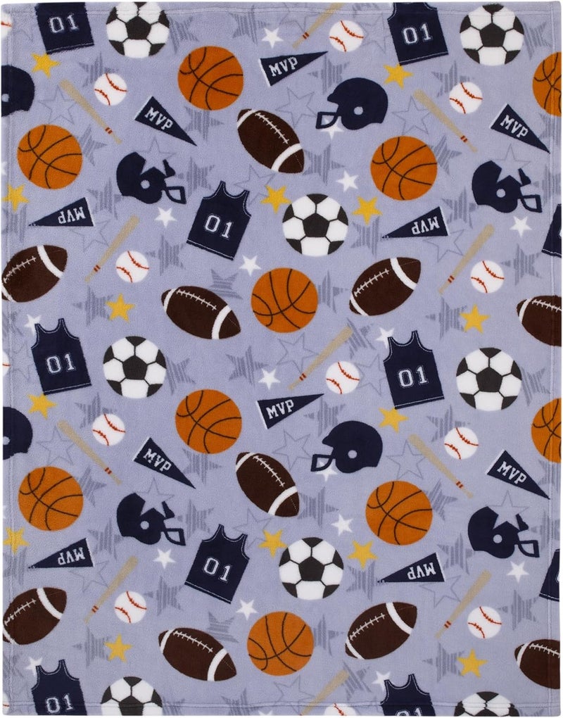 NoJo Everything Kids Sports Gray Navy Orange and Brown Super Soft Toddler Blanket - Image 4