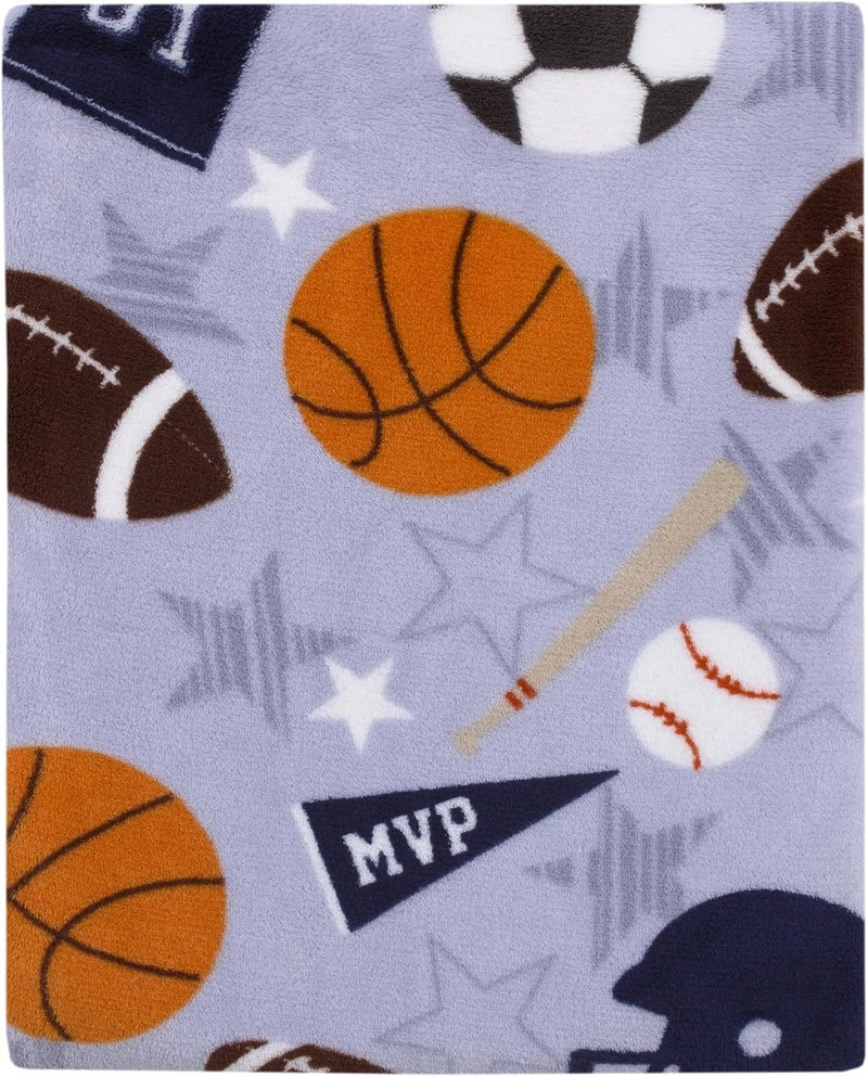 NoJo Everything Kids Sports Gray Navy Orange and Brown Super Soft Toddler Blanket - Image 1