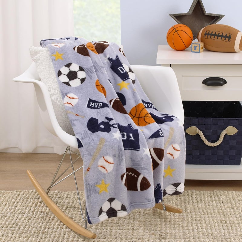 NoJo Everything Kids Sports Gray Navy Orange and Brown Super Soft Toddler Blanket - Image 2