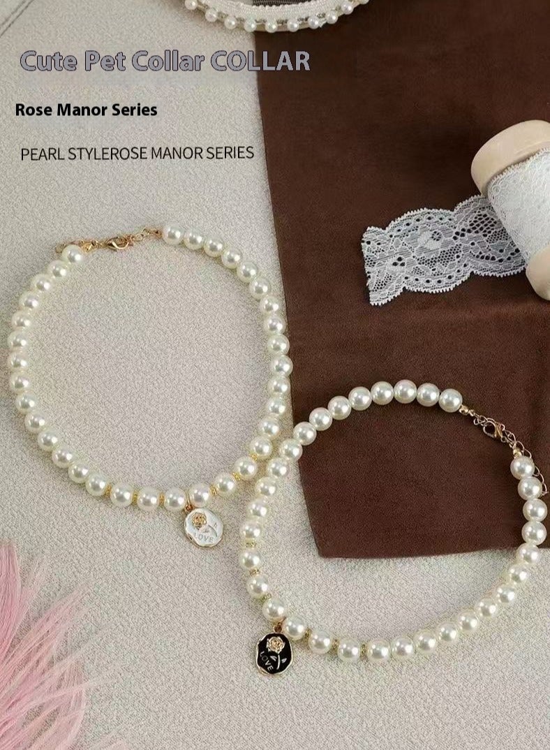 Elegant Cat Collar with Pearl, Gemstone Decoration – Adjustable Rose Manor Collar for Cats & Small Dogs(White) - Image 2