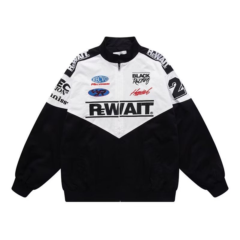 Generic Spring and Autumn High Street Vintage Street Embroidered Motorcycle Baseball Suit Mens Hip Hop Fashion Brand Couple Loose European and American Jacket Coat Black  - Image 1