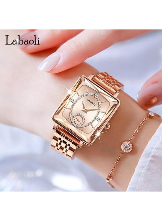 Labaoli Women's Square Analog Quartz Watch, Rhinestone-Encrusted Dial, Waterproof Stainless Steel Band Fashion Dress Wrist Watch for Ladies, 4 Colors Available - Image 2