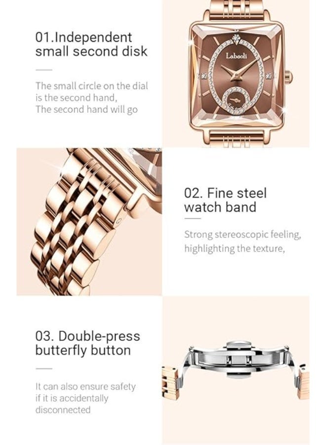 Labaoli Women's Square Analog Quartz Watch, Rhinestone-Encrusted Dial, Waterproof Stainless Steel Band Fashion Dress Wrist Watch for Ladies, 4 Colors Available - Image 5