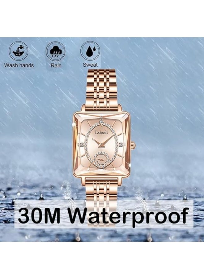 Labaoli Women's Square Analog Quartz Watch, Rhinestone-Encrusted Dial, Waterproof Stainless Steel Band Fashion Dress Wrist Watch for Ladies, 4 Colors Available - Image 3