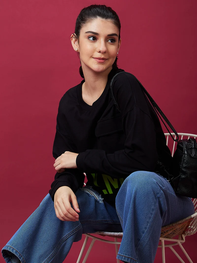globus Globus Women Black Round Neck Pure Cotton Sweatshirt