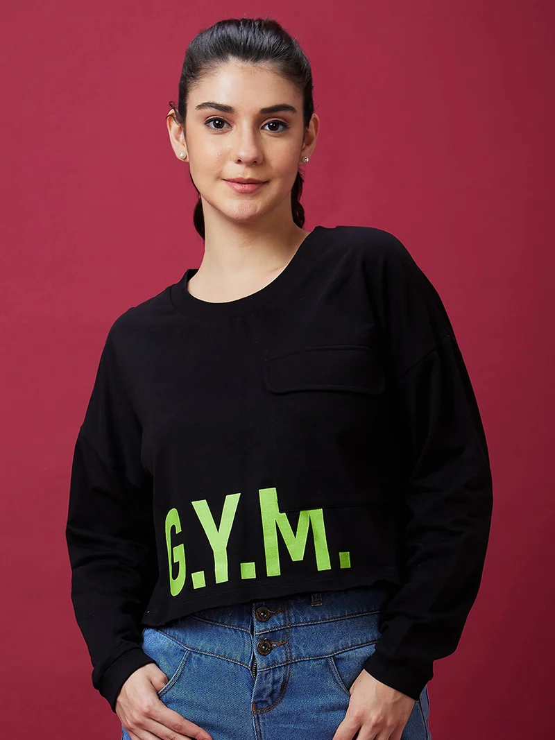 globus Globus Women Black Round Neck Pure Cotton Sweatshirt