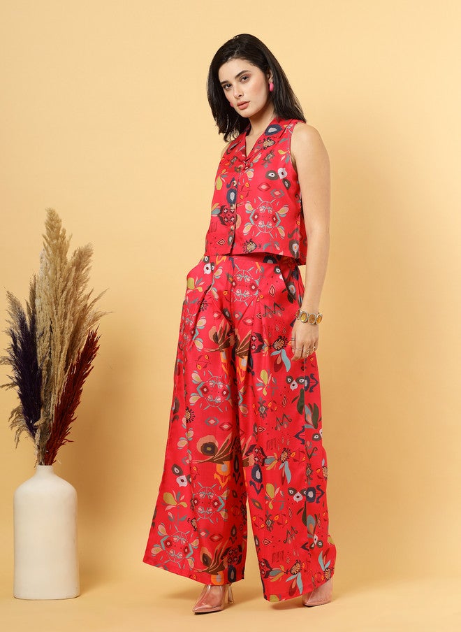 RAASSIO بلوزة بدون أكمام مطبوعة بالأزهار مع بنطلونات بالازو للنساء - Image 2