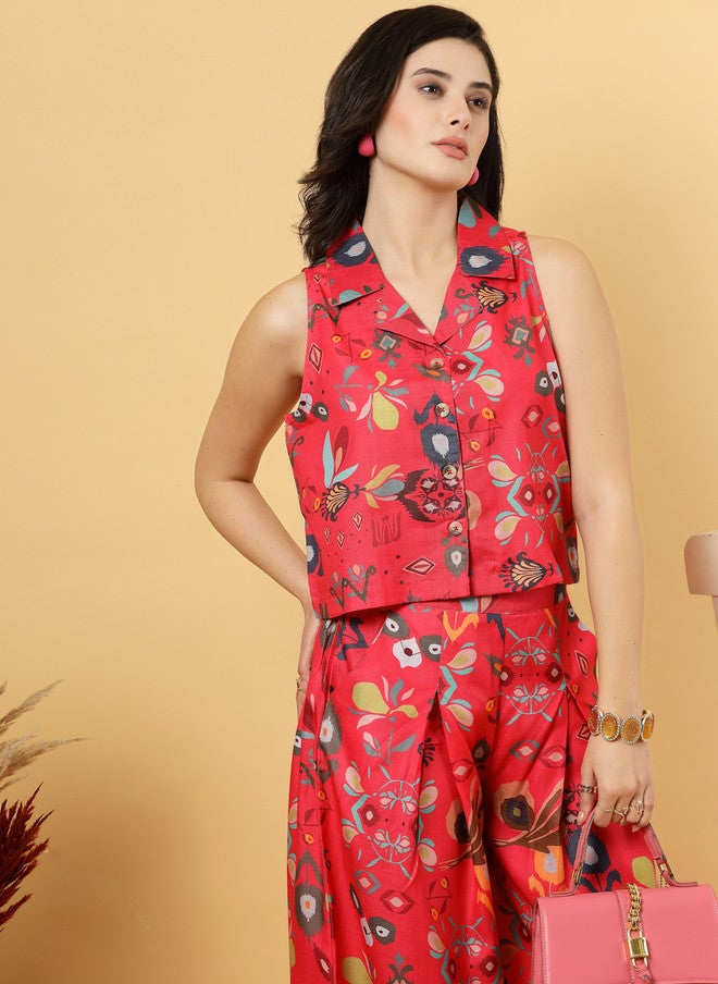 RAASSIO بلوزة بدون أكمام مطبوعة بالأزهار مع بنطلونات بالازو للنساء - Image 4