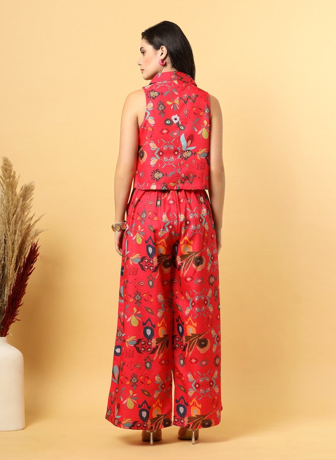 RAASSIO بلوزة بدون أكمام مطبوعة بالأزهار مع بنطلونات بالازو للنساء - Image 3