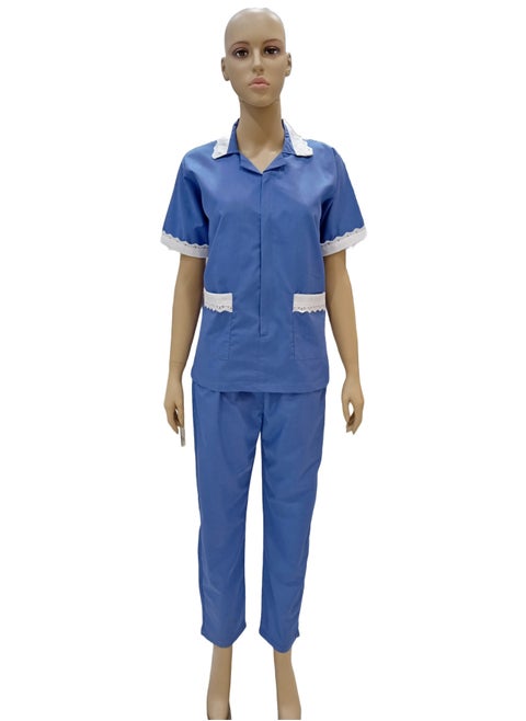Maid Uniform with Zipper Top and Pants Blue Domestic Helper Uniform
