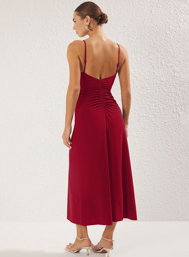 trendyol Stretchy Red Maxi Knitted Dress - A-Line with Straps and Low Back - Image 4