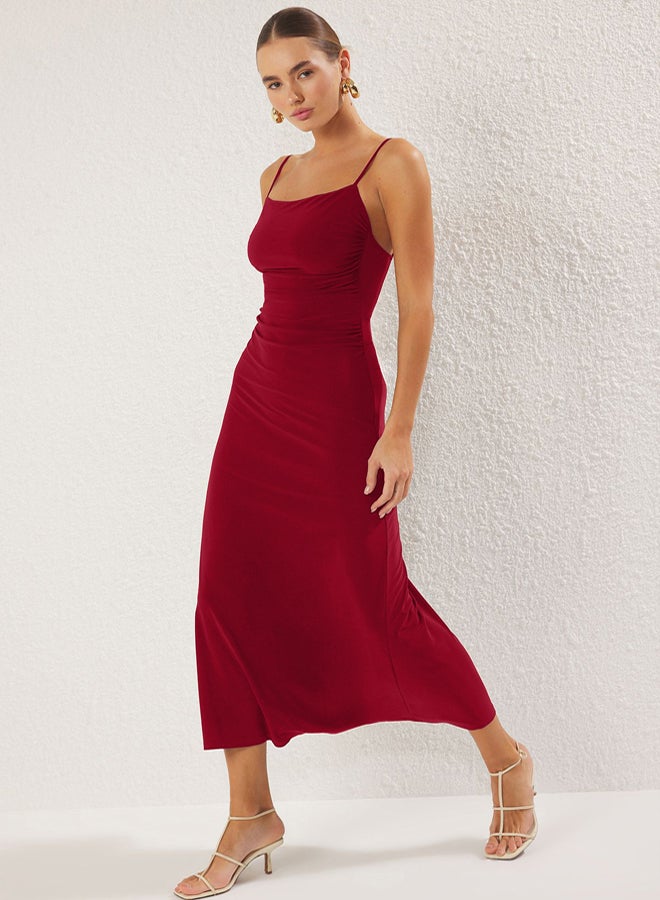 trendyol Stretchy Red Maxi Knitted Dress - A-Line with Straps and Low Back - Image 1