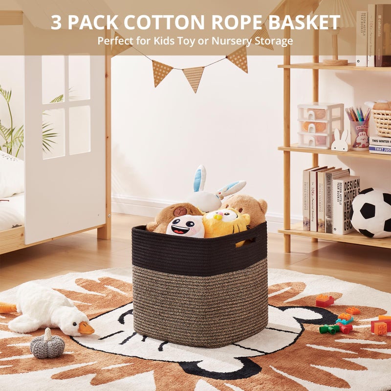 OIAHOMY 13 Kallax Inch Cube Storage Bins, 3-Pack Cotton Rope Woven Baskets for Organizing, Kallax Insert Storage Baskets for Shelves, Baby Nursery, Closet Organizer, 13*13*12.6IN, Black & Mixed Brown - Image 4