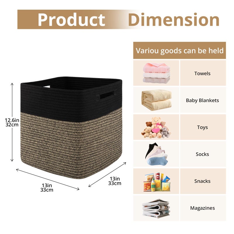 OIAHOMY 13 Kallax Inch Cube Storage Bins, 3-Pack Cotton Rope Woven Baskets for Organizing, Kallax Insert Storage Baskets for Shelves, Baby Nursery, Closet Organizer, 13*13*12.6IN, Black & Mixed Brown - Image 2