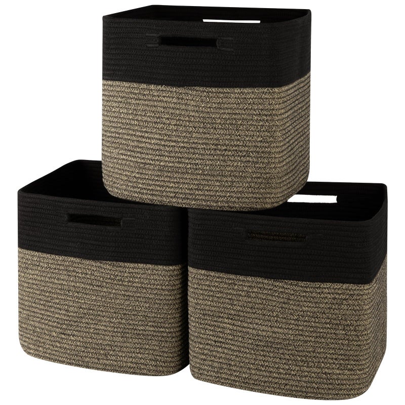 OIAHOMY 13 Kallax Inch Cube Storage Bins, 3-Pack Cotton Rope Woven Baskets for Organizing, Kallax Insert Storage Baskets for Shelves, Baby Nursery, Closet Organizer, 13*13*12.6IN, Black & Mixed Brown - Image 1