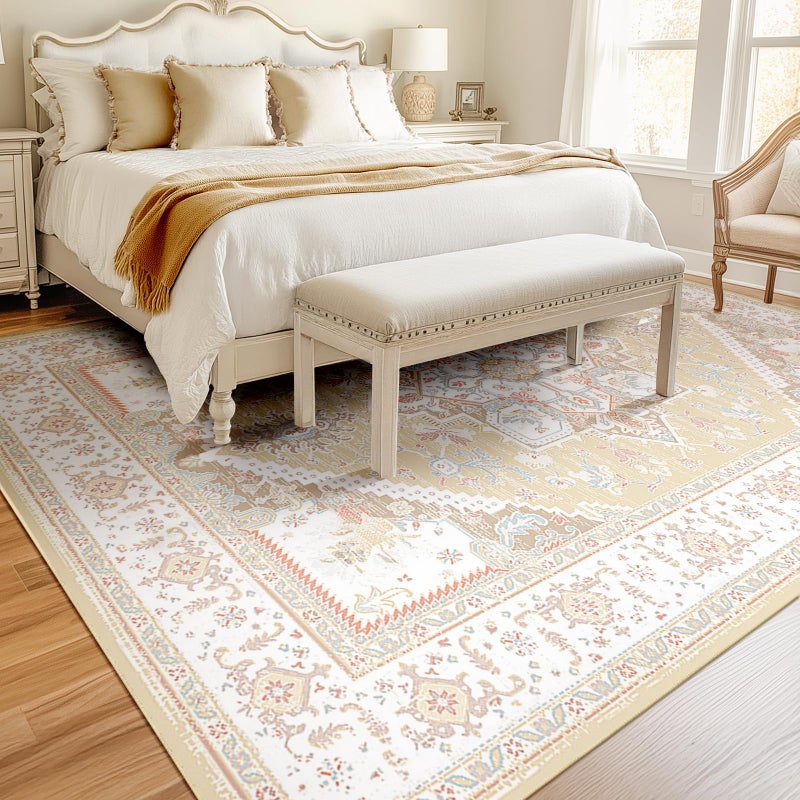 BESTSWEETIE 6x9 Area Rugs for Living Room Washable Non Slip Carpet Low Pile Soft Vintage Print Pattern Rug for Bedroom Dining Room Kitchen Entryway Indoor-Cream/Light Yellow/Brown/Blue/Red/Pink - Image 2