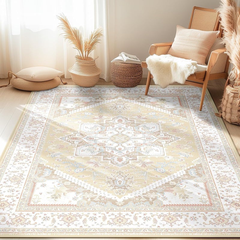 BESTSWEETIE 6x9 Area Rugs for Living Room Washable Non Slip Carpet Low Pile Soft Vintage Print Pattern Rug for Bedroom Dining Room Kitchen Entryway Indoor-Cream/Light Yellow/Brown/Blue/Red/Pink - Image 1