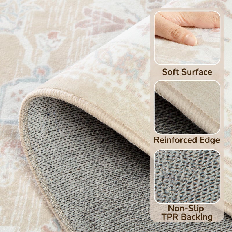 BESTSWEETIE 6x9 Area Rugs for Living Room Washable Non Slip Carpet Low Pile Soft Vintage Print Pattern Rug for Bedroom Dining Room Kitchen Entryway Indoor-Cream/Light Yellow/Brown/Blue/Red/Pink - Image 3