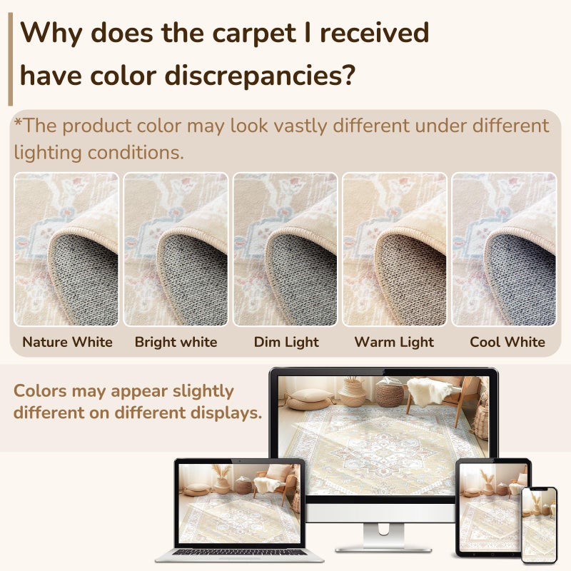 BESTSWEETIE 6x9 Area Rugs for Living Room Washable Non Slip Carpet Low Pile Soft Vintage Print Pattern Rug for Bedroom Dining Room Kitchen Entryway Indoor-Cream/Light Yellow/Brown/Blue/Red/Pink - Image 5