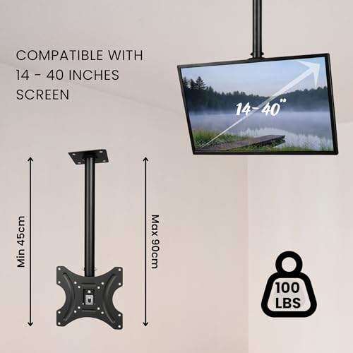 RISSACHI حامل تلفاز RISSACHI® لشاشات LED LCD من 14 إلى 40 بوصة | حامل سقف تلفاز عالمي | حامل تلفاز جداري قابل للتحريك والتعديل | حامل تلفاز محمول | قابل للإمالة والدوران 360 درجة - Image 2