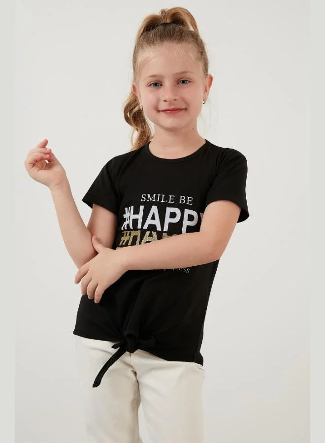 Lela Lela Cotton Printed Tie Detailed Crew Neck T-Shirt Girl's T-SHIRT 6211018