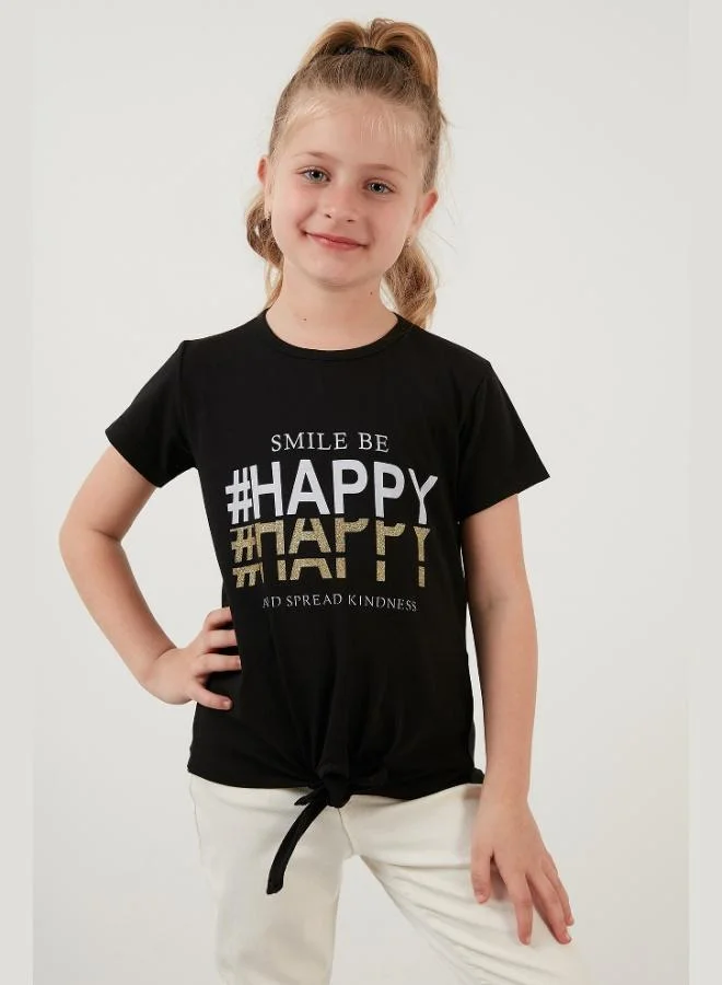 Lela Lela Cotton Printed Tie Detailed Crew Neck T-Shirt Girl's T-SHIRT 6211018