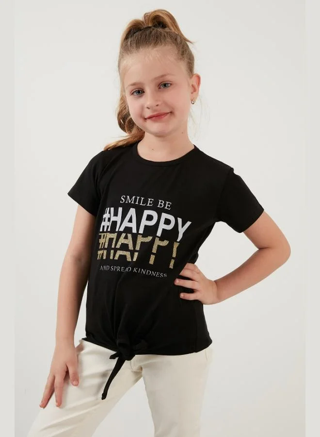 Lela Lela Cotton Printed Tie Detailed Crew Neck T-Shirt Girl's T-SHIRT 6211018