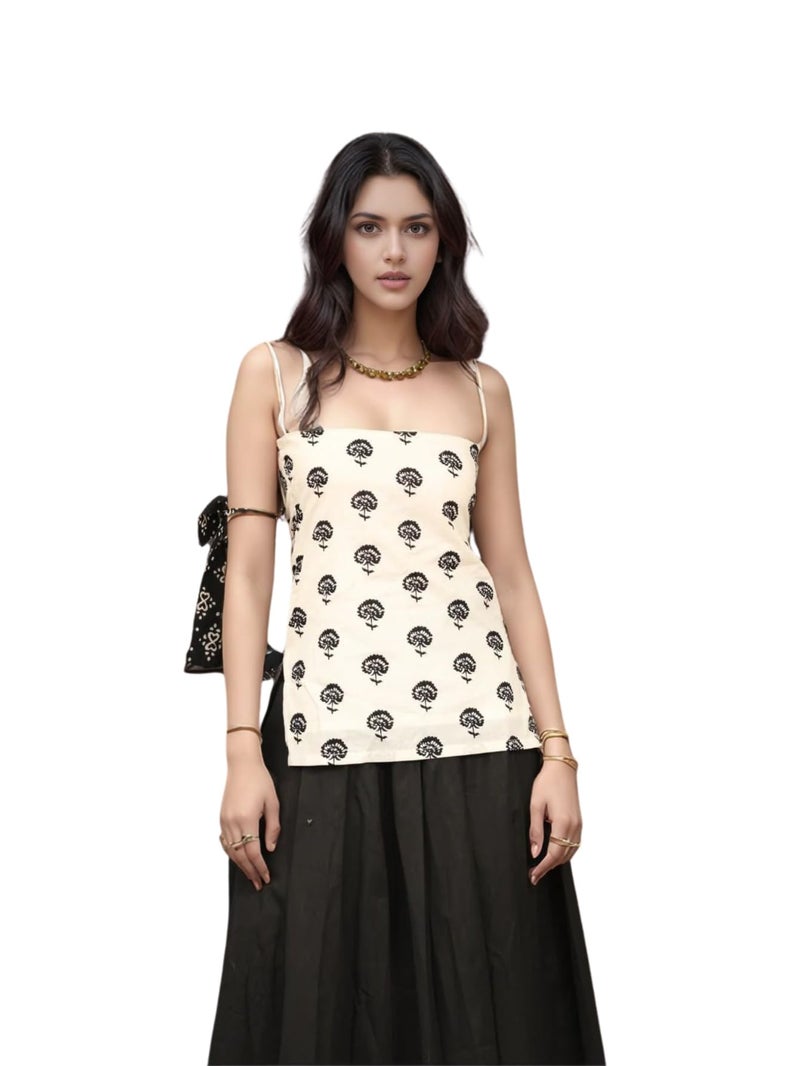 Aahwan White Printed Square Neck Sleeveless Backless Short Indo-Western Ethnic Kurti Top for Women's & Girl's (356-White-L) - Image 1
