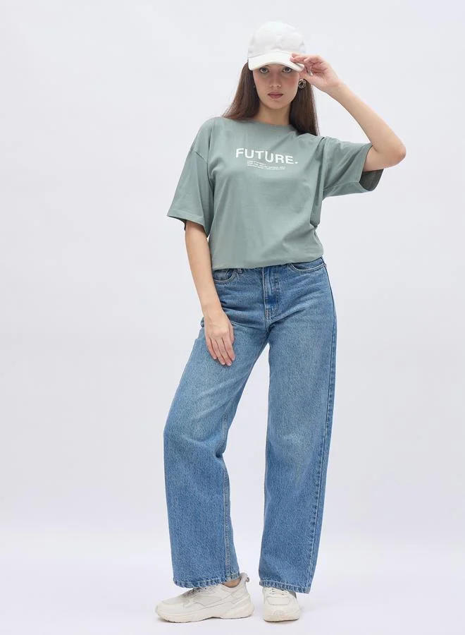 ستايلي Styli Women Green Slogan Print Short Sleeve Oversized T-Shirt