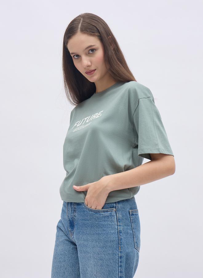 Styli Women Green Slogan Print Short Sleeve Oversized T-Shirt - Image 2