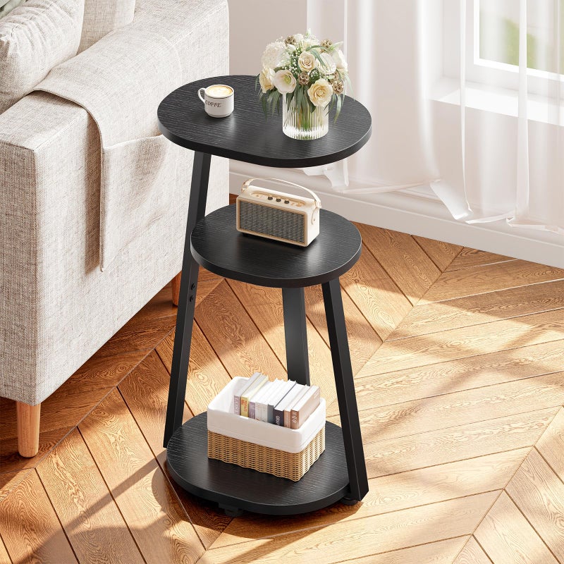 Kalrin Side Table, Small End Table with Metal Frame, 3-Tier Bedside Tables, Round Side Tables for Living Room Bedroom Couch Bathroom, Oval, Pure Black - Image 1